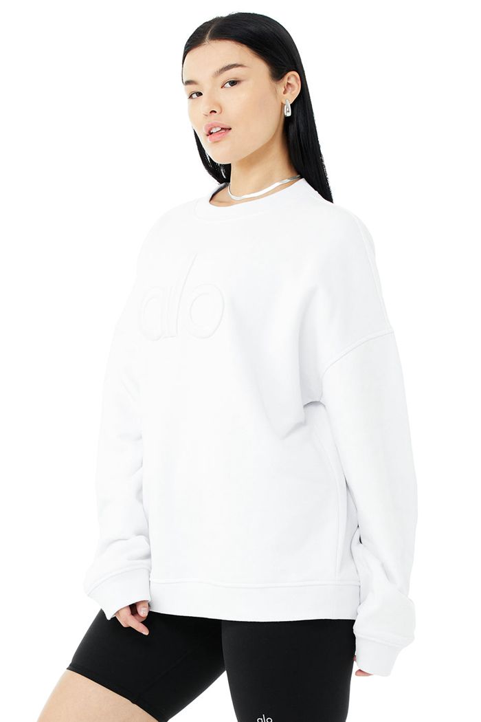 White Alo Yoga Renown Heavy Weight Emblem Crew Neck Women's Pullover | 89450BUVK