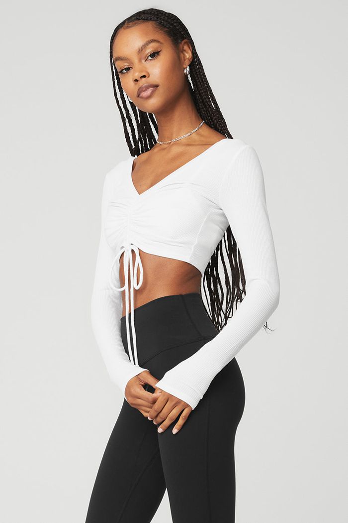 White Alo Yoga Ribbed Cinch Cropped Women's Long Sleeve | 52409XFMD