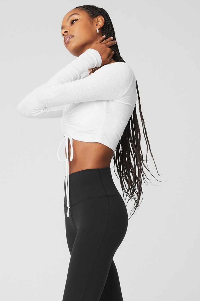 White Alo Yoga Ribbed Cinch Cropped Women's Long Sleeve | 52409XFMD