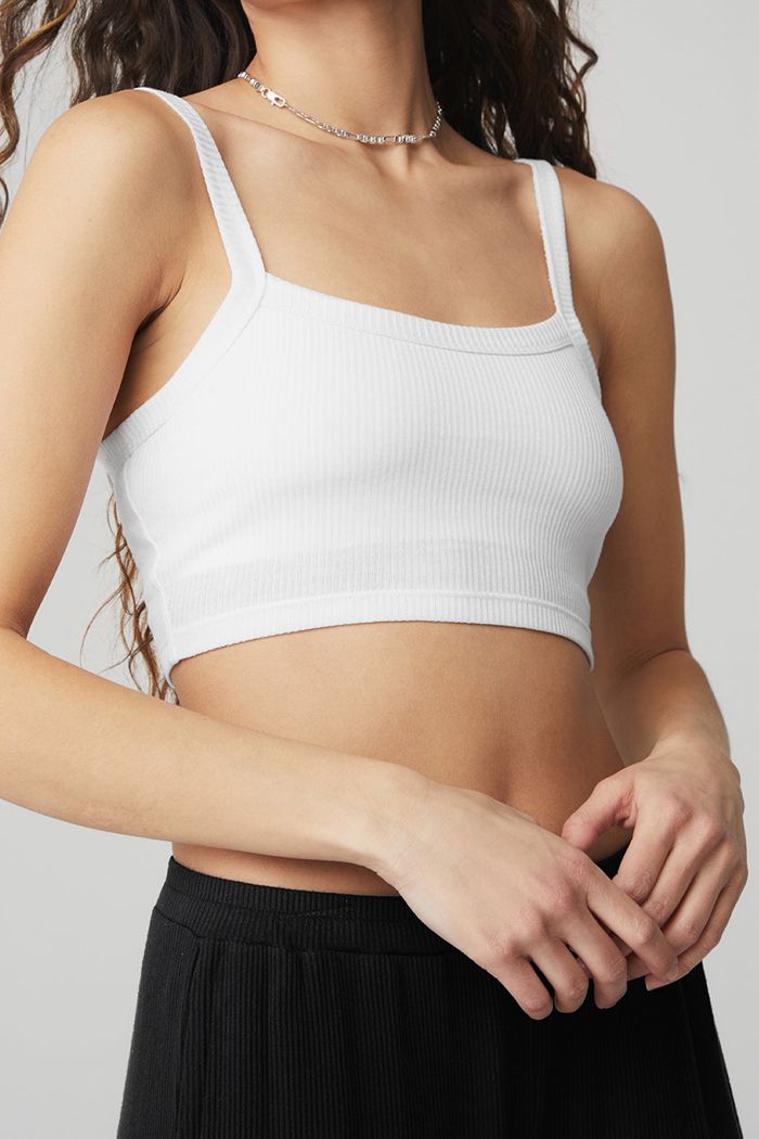 White Alo Yoga Ribbed Crop Whisper Women's Bras | 74062ISPN