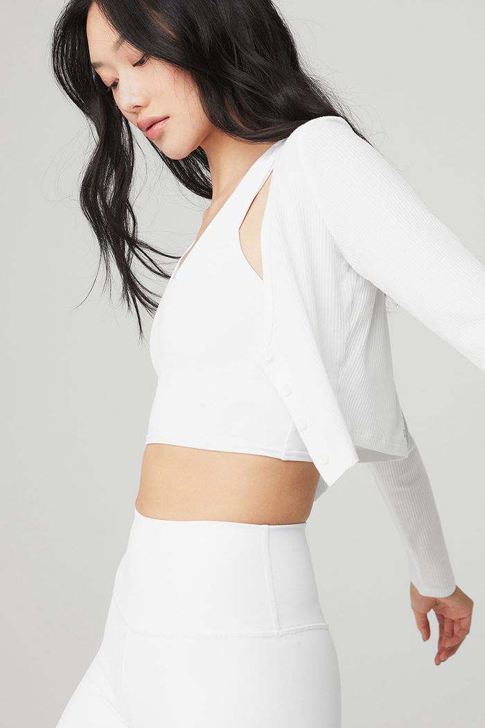 White Alo Yoga Ribbed Cropped Whisper Women's Cardigan | 53162XGZS