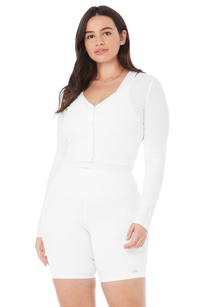 White Alo Yoga Ribbed Cropped Whisper Women's Cardigan | 53162XGZS