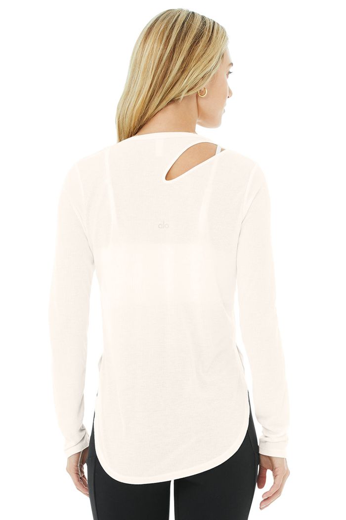 White Alo Yoga Ribbed Peak Women's Long Sleeve | 86512ZGVQ