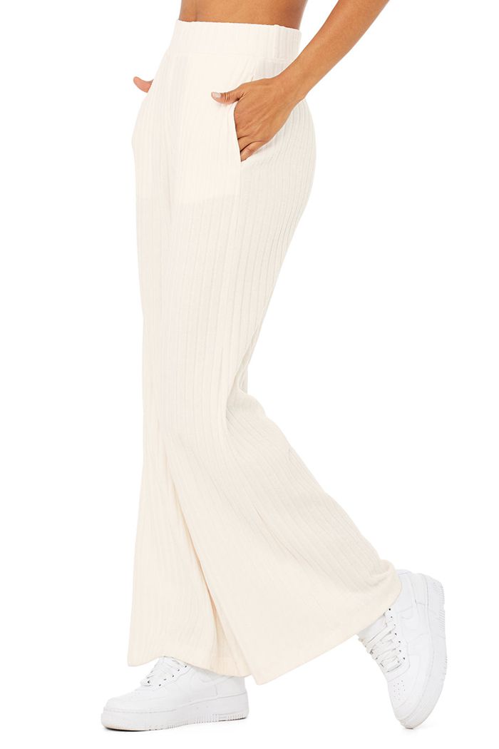 White Alo Yoga Ribbed Take Comfort Wide Leg Women's Pants | 68754DYZM