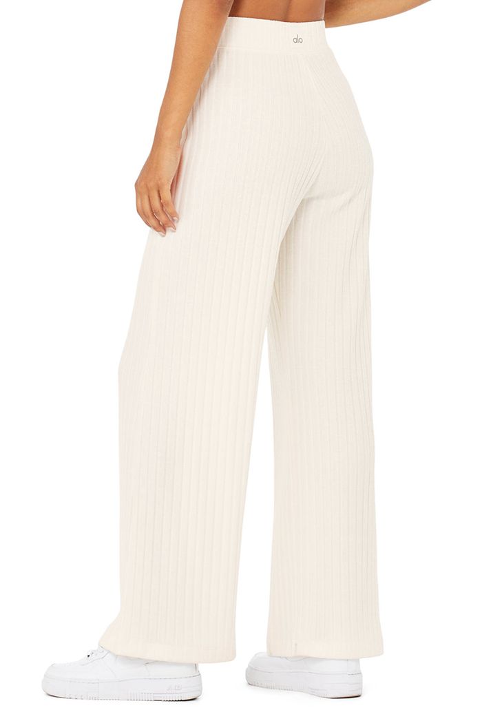 White Alo Yoga Ribbed Take Comfort Wide Leg Women's Pants | 68754DYZM