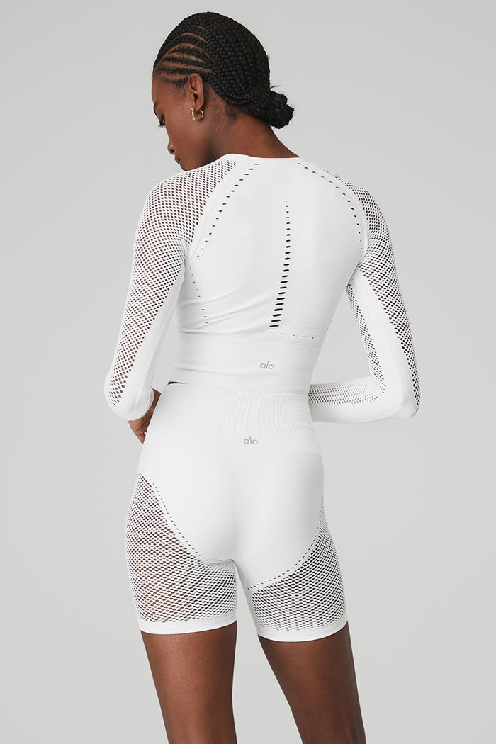 White Alo Yoga Seamless Open Air Women's Long Sleeve | 56138ZNPJ