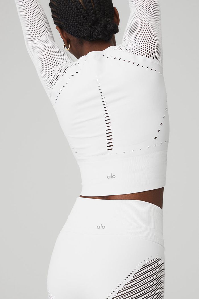 White Alo Yoga Seamless Open Air Women's Long Sleeve | 56138ZNPJ