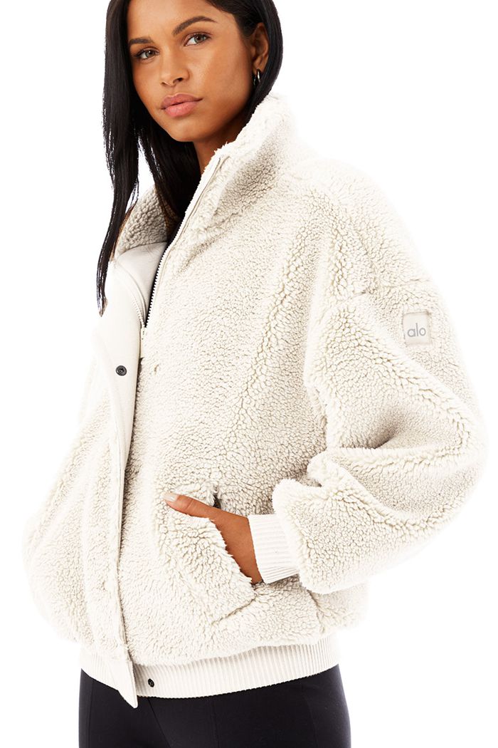 White Alo Yoga Sherpa Varsity Women's Jackets | 68253ZFDI