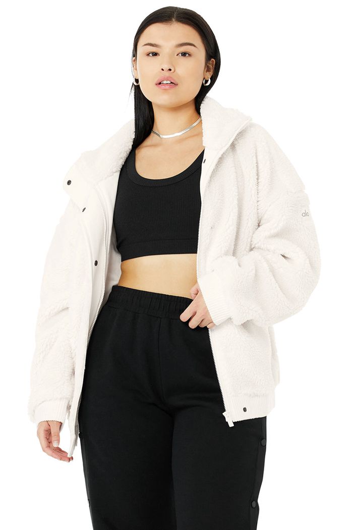 White Alo Yoga Sherpa Varsity Women's Jackets | 68253ZFDI