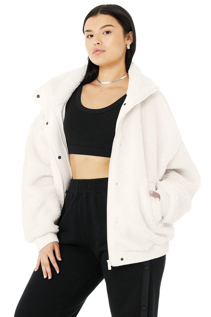 White Alo Yoga Sherpa Varsity Women's Jackets | 68253ZFDI