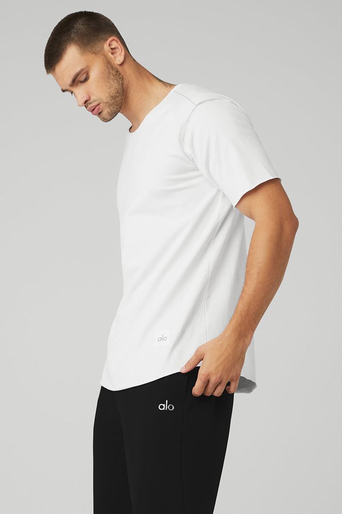 White Alo Yoga Society Crewneck Tee Men's Short Sleeve | 84360AMPW