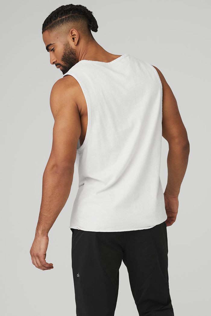 White Alo Yoga Society Men's Tank Tops | 27580GATI