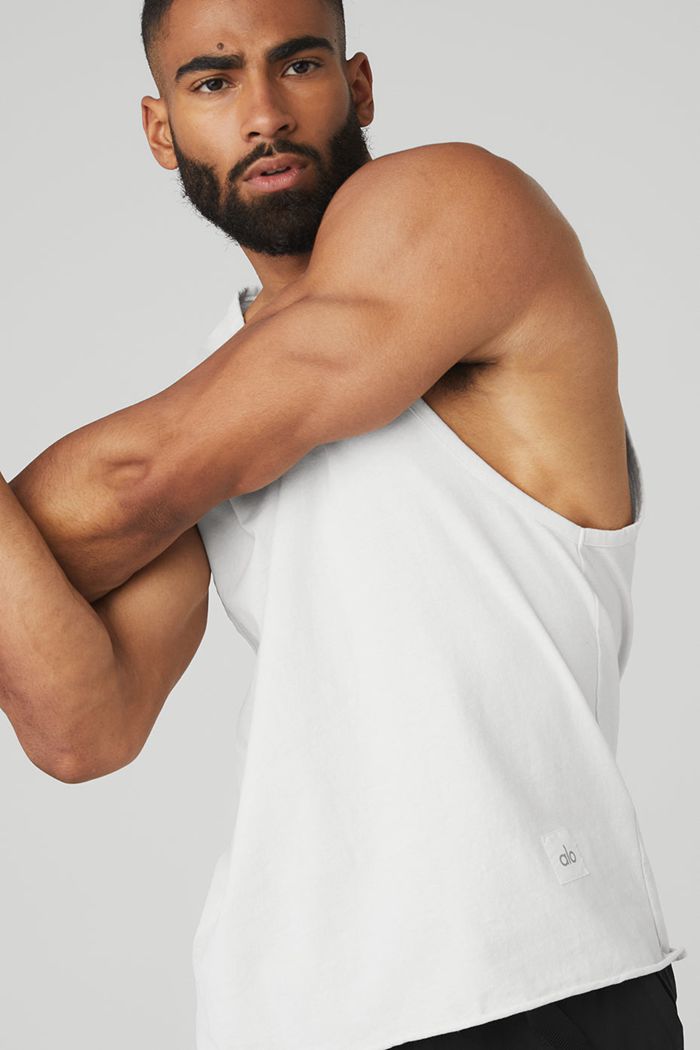 White Alo Yoga Society Men's Tank Tops | 27580GATI