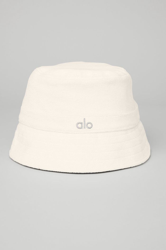 White Alo Yoga Terry Beachside Bucket Women\'s Hats | 75096IBGN