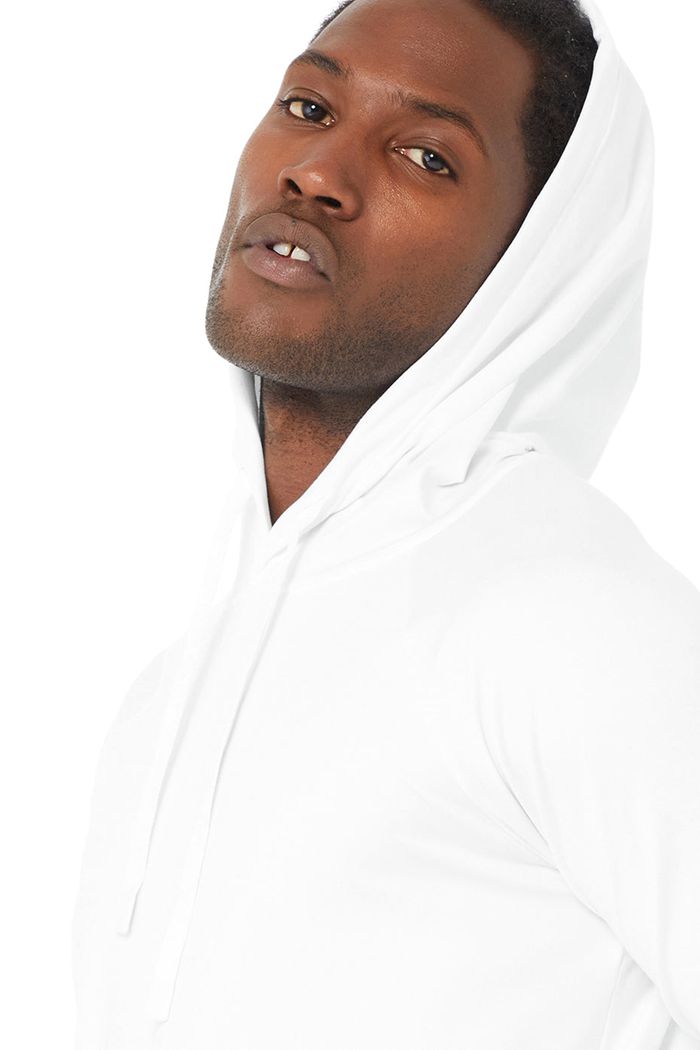 White Alo Yoga The Conquer Men's Hoodie | 09354BPIH