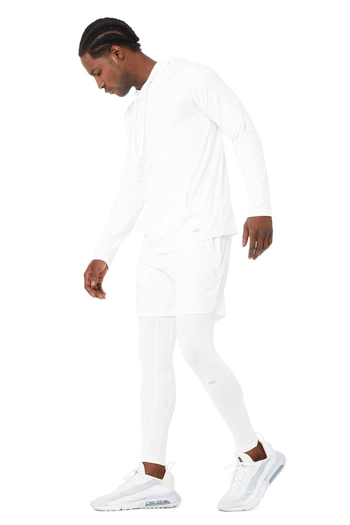 White Alo Yoga The Conquer Men's Hoodie | 09354BPIH