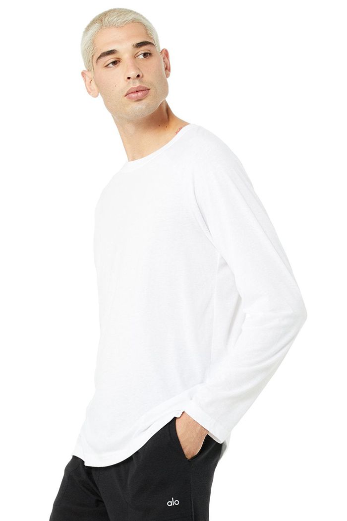 White Alo Yoga Triumph Tee Men's Long Sleeve | 93465BPYT