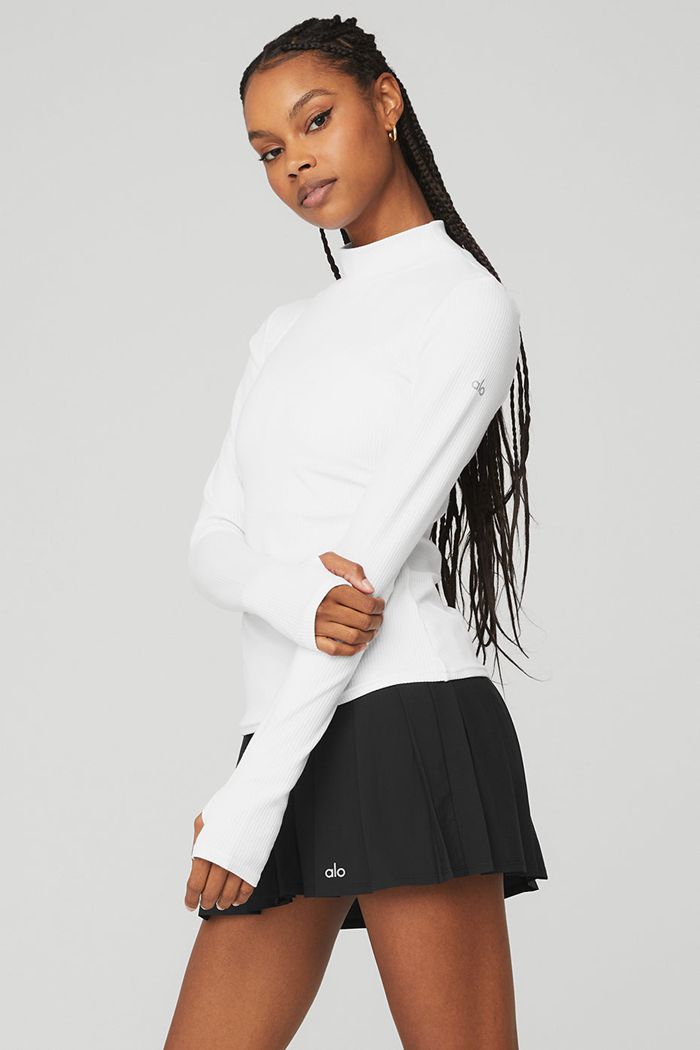 White Alo Yoga Wellness Rib Mock Neck Women's Long Sleeve | 21369ACLR