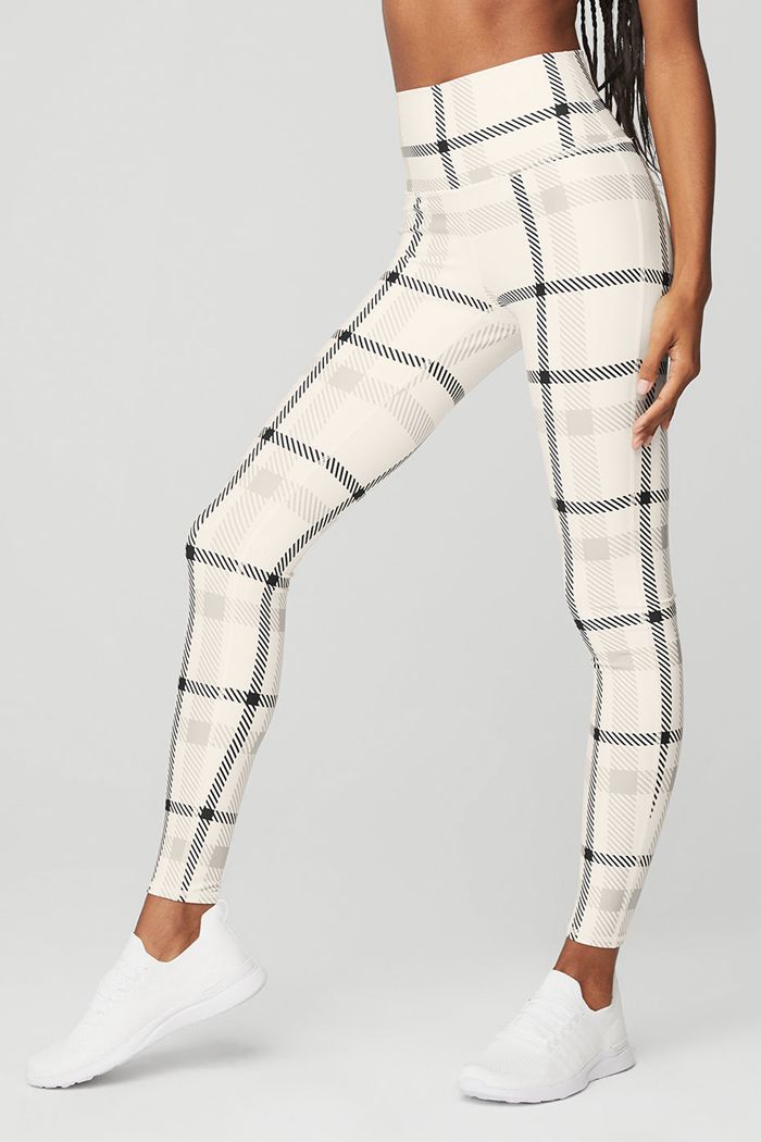 White Black Alo Yoga Airlift High-Waist Magnified Plaid Women's Leggings | 17853ASDJ